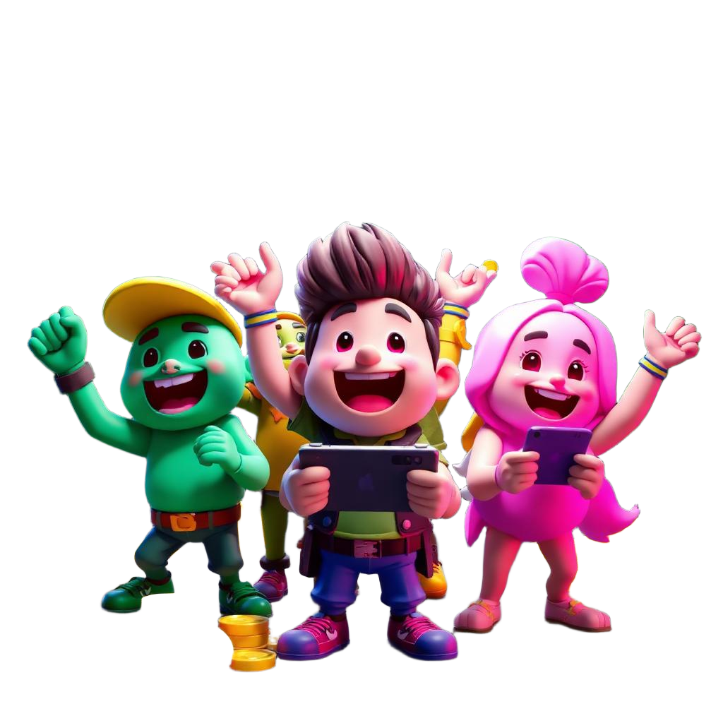 Gaming characters celebrating coin rewards